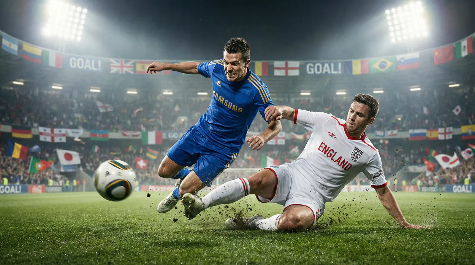 Joueurs de football en action lors d'un match international sous les projecteurs d'un grand stade