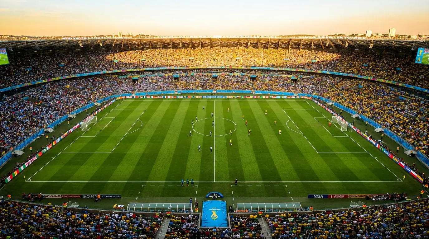 Terrain de football vu du ciel avec les drapeaux des 48 équipes qualifiées pour le Mondial 2026