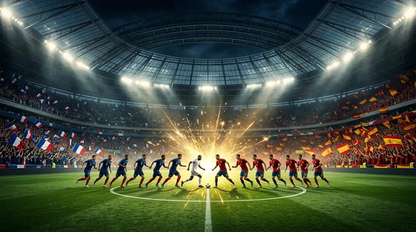 Illustration de la demi-finale France contre Espagne au Mondial 2026, deux équipes nationales face à face dans un stade sous les projecteurs