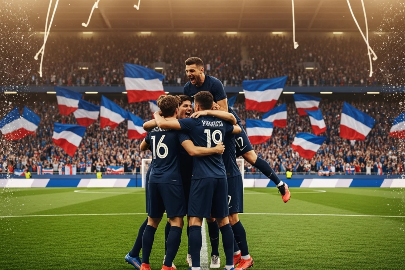 Joueurs de l'équipe de France célébrant un but en maillot bleu lors d'une compétition internationale