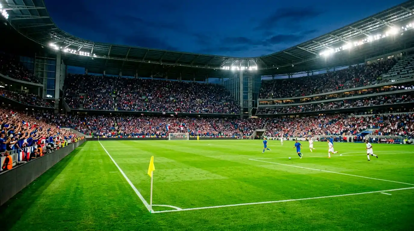 Pelouse du Lincoln Financial Field illuminée en soirée avant un match de Coupe du Monde, tribunes en bleu blanc rouge floutées