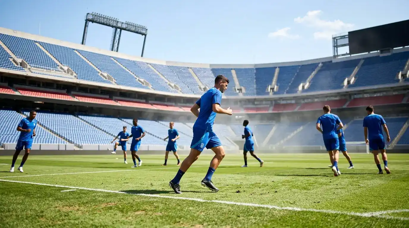 Joueurs de l'équipe de France en bleu à l'entraînement sous un soleil éclatant dans un grand stade nord-américain, veille de huitième de finale de Coupe du Monde