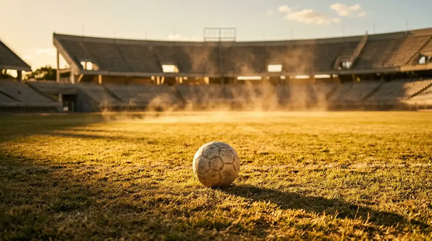 Ballon de football posé sur la pelouse d'un stade à ciel ouvert écrasé de soleil, chaleur visible en ondulations au-dessus du terrain