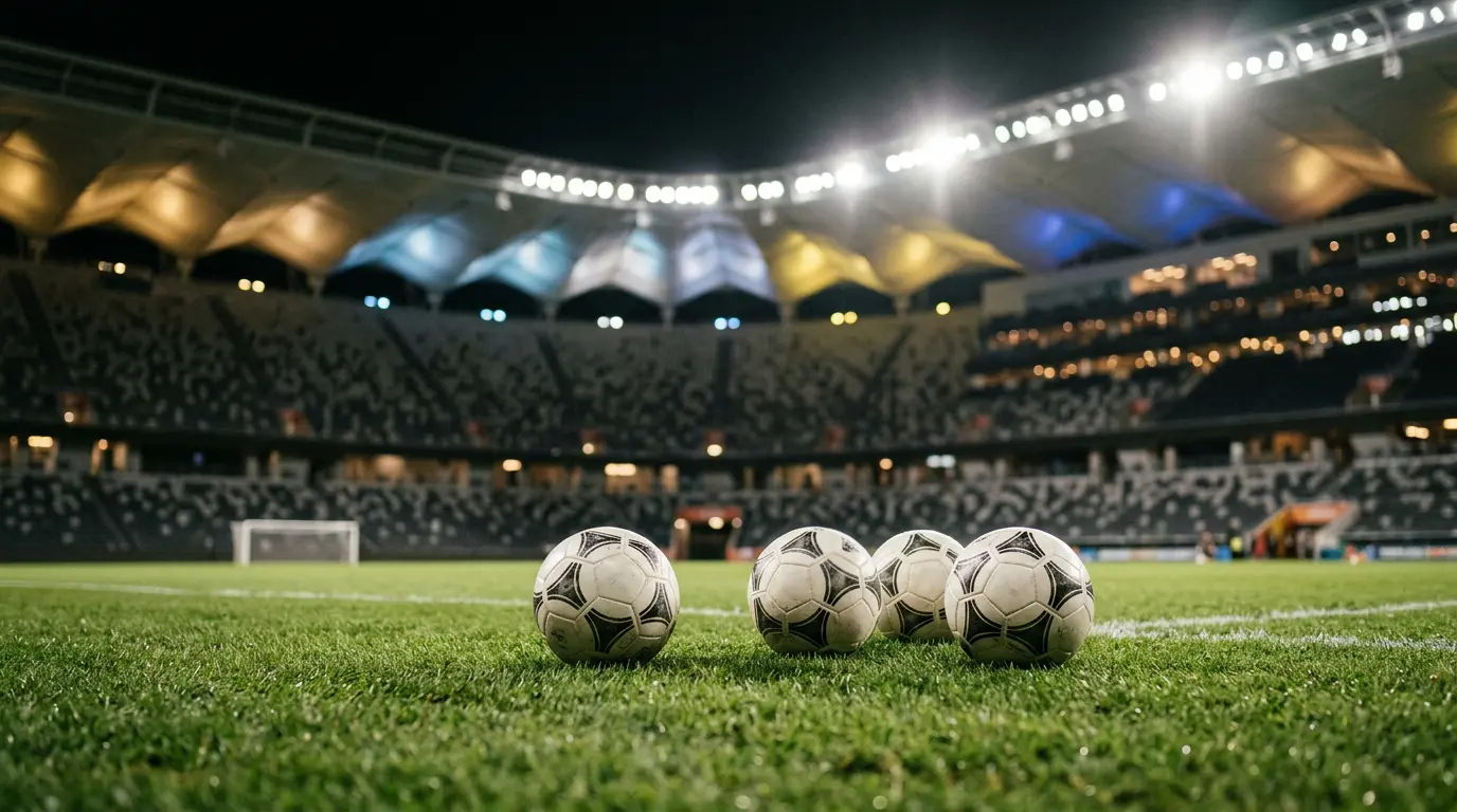 Trois ballons de football posés sur une pelouse de stade nocturne avec les couleurs de l'Australie, de l'Argentine et de la Colombie en fond, ambiance de soirée de Coupe du Monde