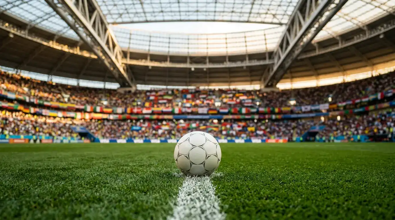 Ballon de football officiel posé sur la ligne médiane d'un stade moderne climatisé, lumière de fin d'après-midi, drapeaux de nations floutés en tribune
