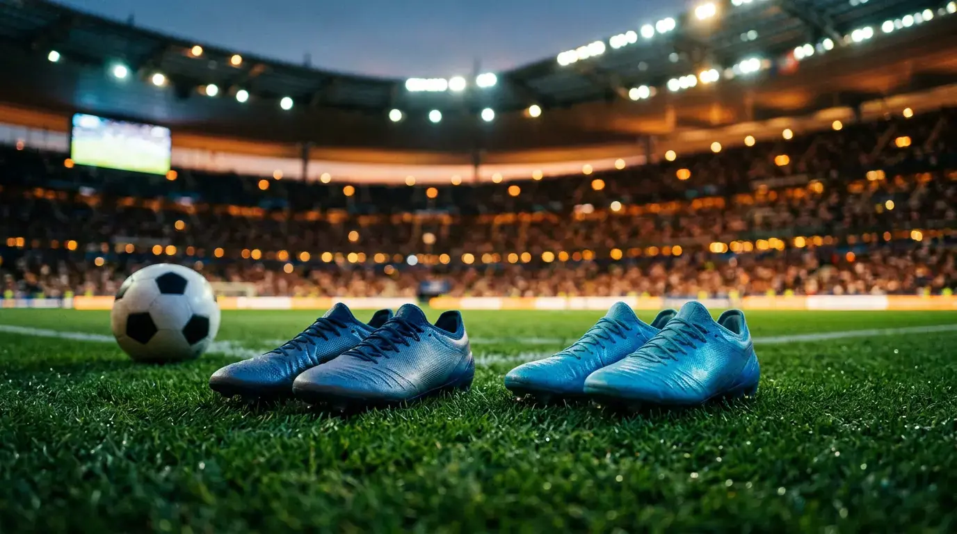 Deux paires de crampons de football posées sur une pelouse de stade, l'une évoquant la France (bleu), l'autre l'Argentine (bleu ciel), lumière de fin de journée