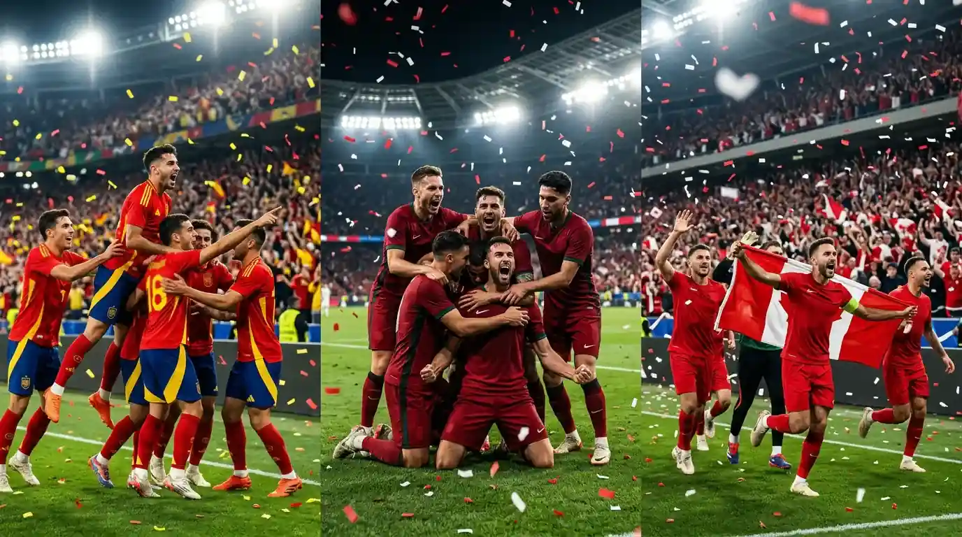 Montage des trois affiches du 2 juillet à la Coupe du Monde 2026, joueurs de l'Espagne, du Portugal et de la Suisse célébrant leur qualification