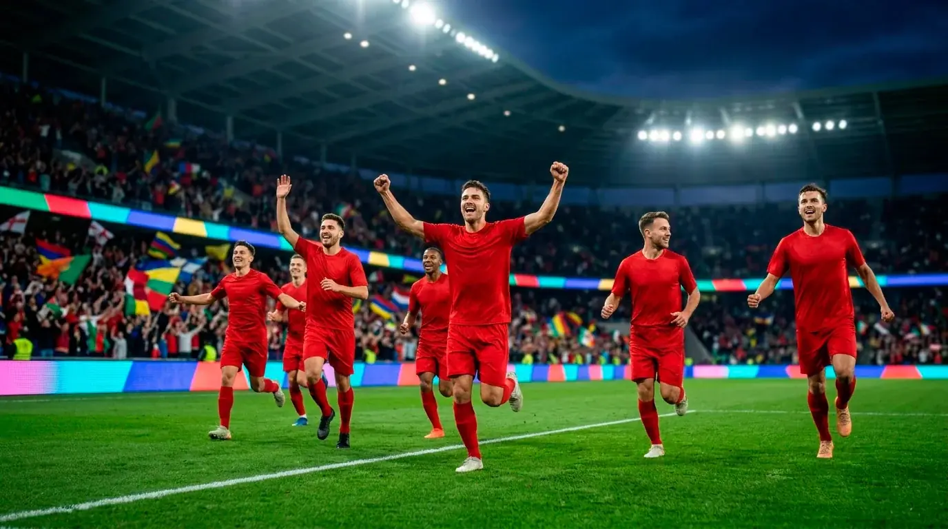 Joueurs en maillot rouge célébrant un but lors d'un match de Coupe du Monde 2026 en soirée